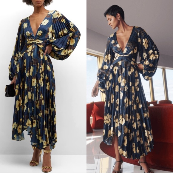 Acler Dresses & Skirts - Acler Palms Pleated Long Sleeve Midi Dress Navy Floral Size 2